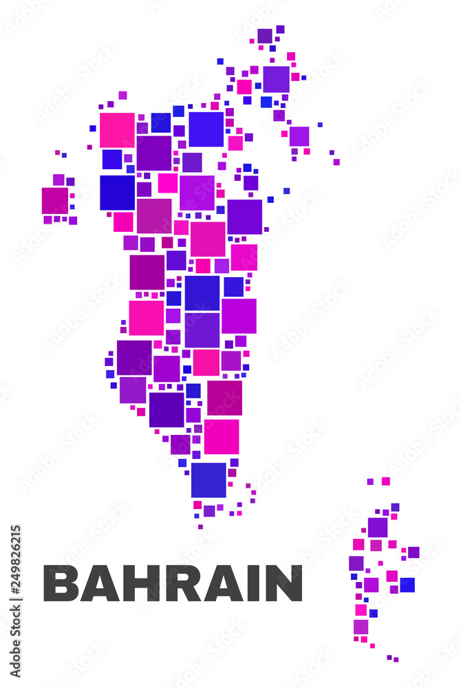 Mosaic Bahrain map isolated on a white background. Vector geographic abstraction in pink and violet colors. Mosaic of Bahrain map combined of scattered square elements.