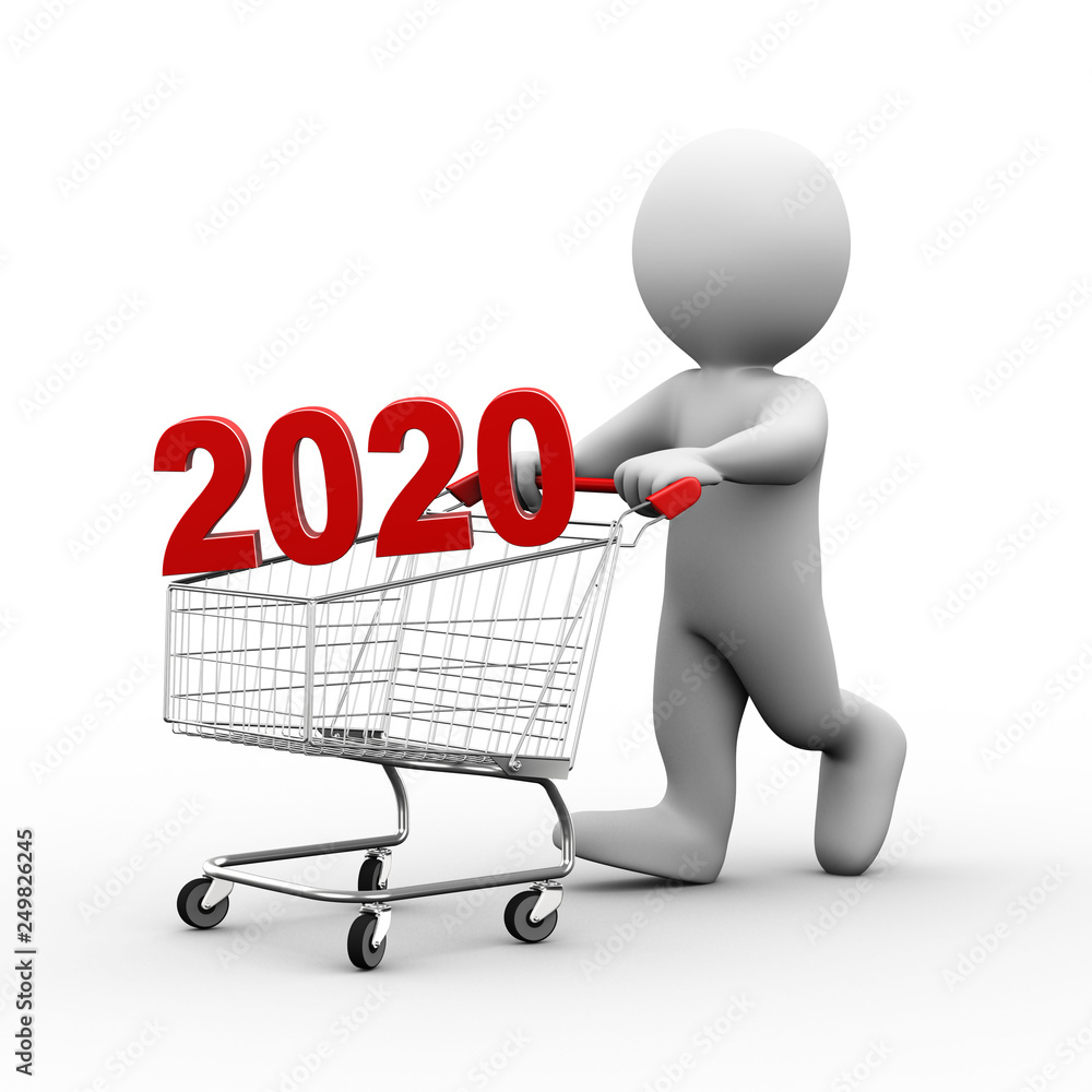 3d man with shopping 2020 cart trolley