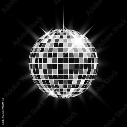 Shining silver disco ball on a black background.