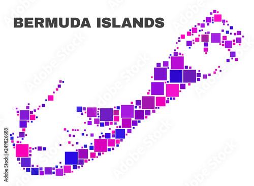 Mosaic Bermuda Islands map isolated on a white background. Vector geographic abstraction in pink and violet colors. Mosaic of Bermuda Islands map combined of random square items.