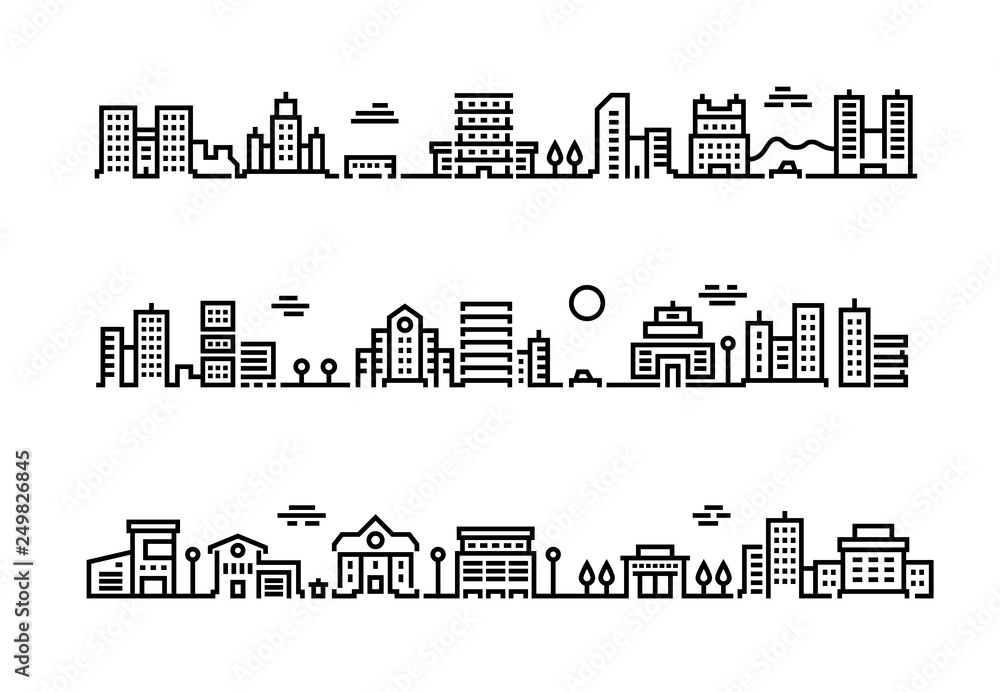 City outline landscape. Cityscape with business centers and offices skyscrapers public transport and cars. Vector suburban landscape