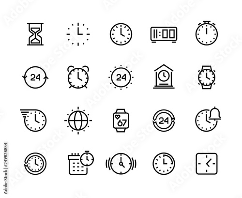 Time line icons. Clock calendar timer watch and hourglass vector symbols, waiting and working hours pictograms isolated on white