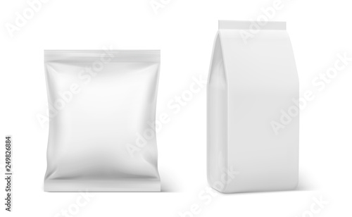Realistic pillow pack. Coffee doy blank mockup, plastic blank food packaging, doy pouch pillow bag vector templates isolated on white