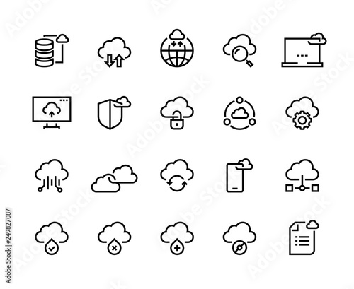 Cloud computing line icons. Data storage technology information infrastructure system data. Cloud access platform vector set
