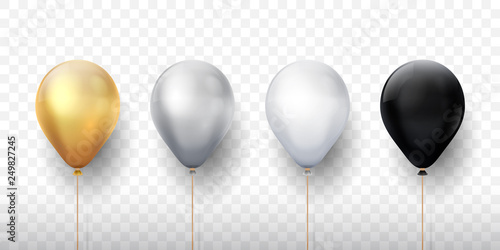 Realistic balloons. Golden 3d transparent party balloons, silver white birthday decoration. Vector flying party ballon set