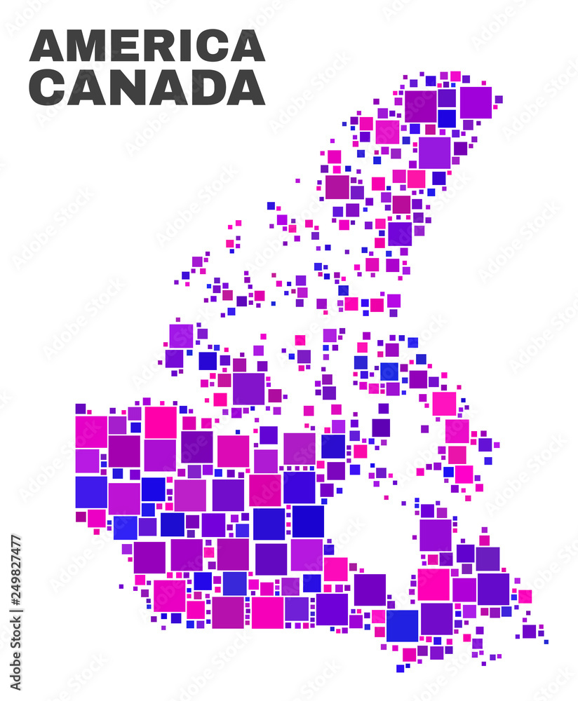 Mosaic Canada v2 map isolated on a white background. Vector geographic abstraction in pink and violet colors. Mosaic of Canada v2 map combined of random small squares.