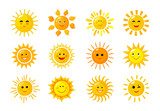 Sun emoji. Funny summer spring sunshine rays sun baby happy morning emoticons. Cartoon sunny smiling faces vector solar icons