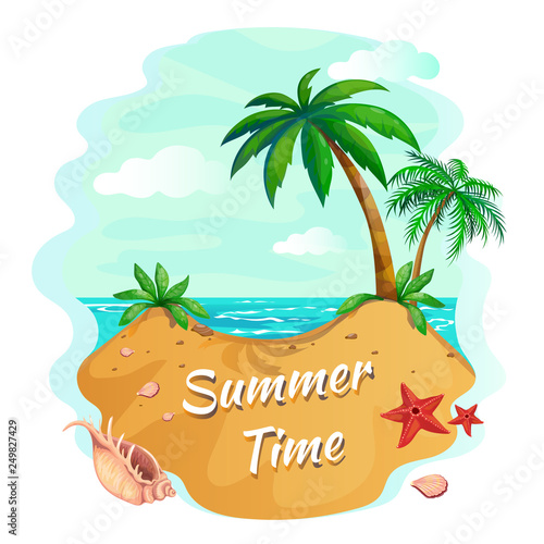 Palm tree beach. Ocean sunset with sand coast beach and palm trees, maldives tropical background. Idyllic summer time vector poster