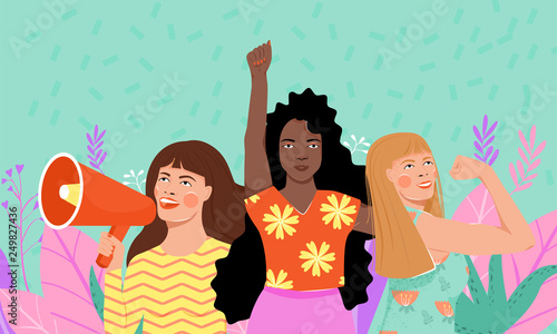 Feminism, girl power, International Women's Day concept. Group of women different nationalities and cultures protesting and vindicating their rights. Women empowerment. Vector illustration. photo