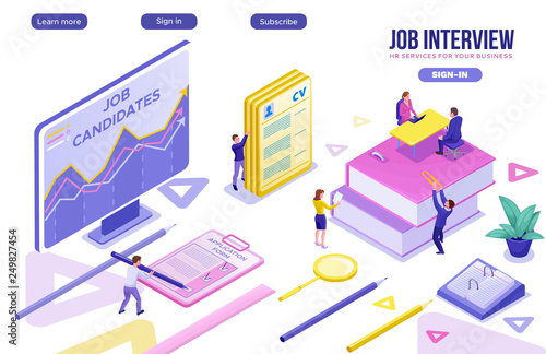 Recruitment agency isometric infographic landing page template with 3d employer hiring talent  worker, candidates search work via human resource mobile app, office business people, vector illustration