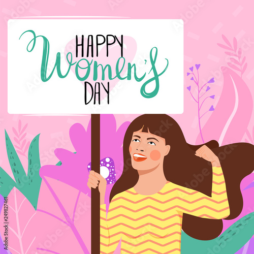 Feminism, girl power, International Women's Day concept with flowers and leaves. Strong girl with nameplates "Happy women's day". Women empowerment. Vector illustration.
