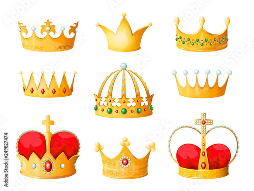 Gold cartoon crown. Golden yellow emperor prince queen crowns diamond coronation tiara crowning emojis corona isolated vector set