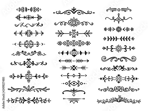 Decorative dividers. Text lines vintage hand drawn border decoration design elements dividing line doodle break vector separation