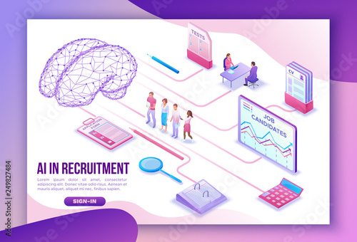 Artificial intelligence in human resources, recruiting agency landing page template with 3d employer hiring worker, job interview, candidate search work, business people, isometric vector illustration
