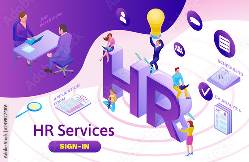 Job agency isometric infographic landing page template with 3d employer hiring talent worker, candidates search work via human resource mobile app, office business people, vector illustration