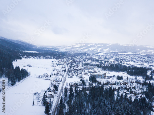 Aerial: Zakopane resort town in winter