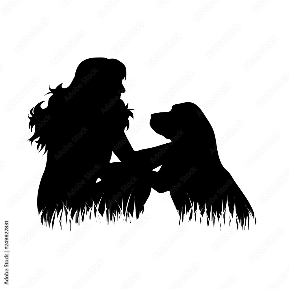 Illustration of woman with dog icon in the grass. Vector silhouette on white background. Symbol of friendship. Illustration of woman with dog icon in the grass. Vector silhouette on white background. Symbol of friendship.