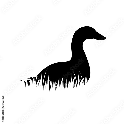 Illustration of goose icon in the grass. Vector silhouette on white background. Symbol of poultry.