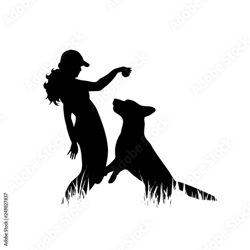 Illustration of woman with dog icon in the grass. Vector silhouette on white background. Symbol of friendship.