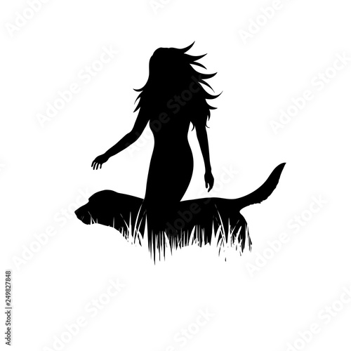 Illustration of woman with dog icon in the grass. Vector silhouette on white background. Symbol of friendship.