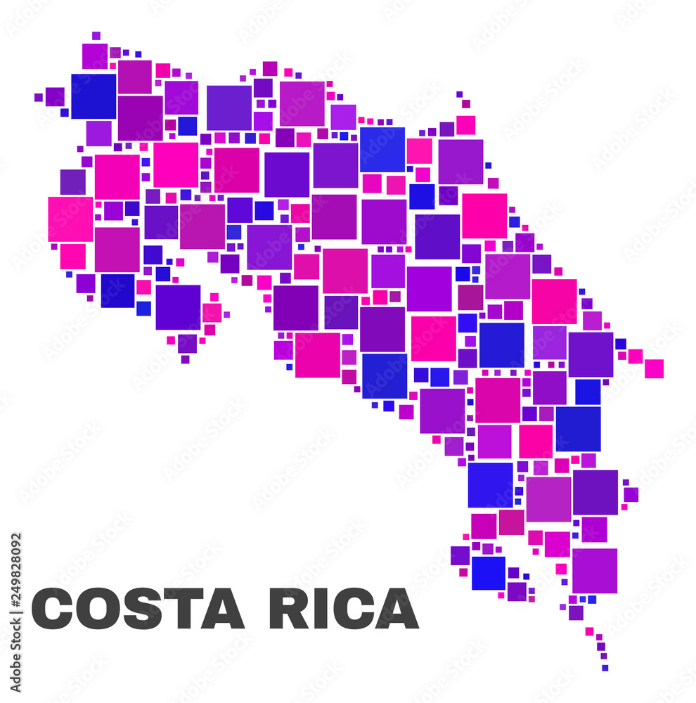 Mosaic Costa Rica map isolated on a white background. Vector geographic abstraction in pink and violet colors. Mosaic of Costa Rica map combined of scattered small squares.