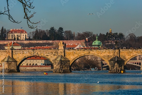 Prague, Czech Republic / Europe - February 16 2019: View of famous medieval stone Charles bridge across Moldau river with tourists walking on it, sunny evening, blue sky, bird flying