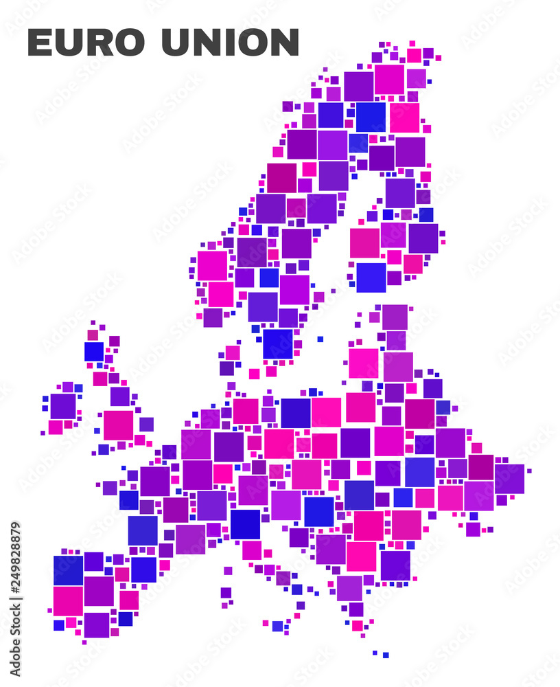 Mosaic Euro Union map isolated on a white background. Vector geographic abstraction in pink and violet colors. Mosaic of Euro Union map combined of scattered square elements. Mosaic Euro Union map isolated on a white background. Vector geographic abstraction in pink and violet colors. Mosaic of Euro Union map combined of scattered square elements.