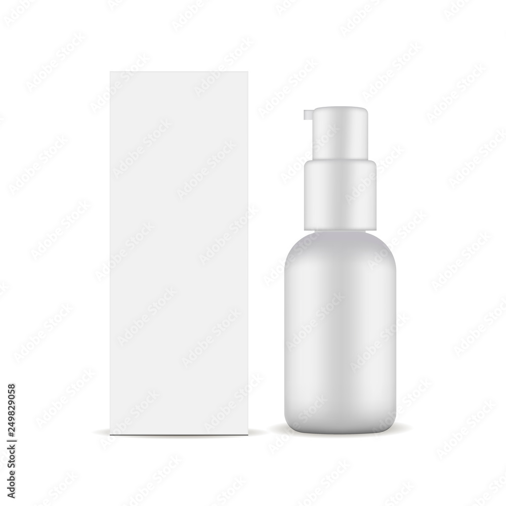 Cardboard box and cosmetic bottle with pump mock up isolated on white background. Vector illustration Cardboard box and cosmetic bottle with pump mock up isolated on white background. Vector illustration