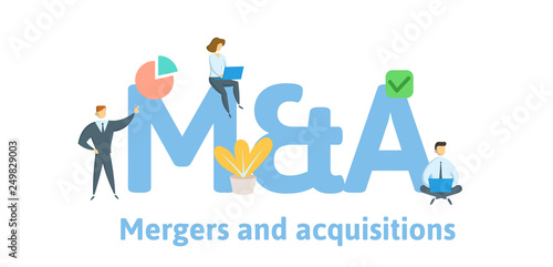 M and A, Mergers and Aquisitions. Concept with keywords, letters and icons. Colored flat vector illustration. Isolated on white background.