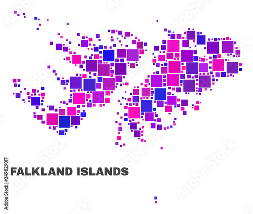 Mosaic Falkland Islands map isolated on a white background. Vector geographic abstraction in pink and violet colors. Mosaic of Falkland Islands map combined of random square elements.