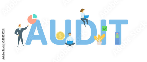 AUDIT. Concept with people, letters and icons. Colored flat vector illustration. Isolated on white background. photo