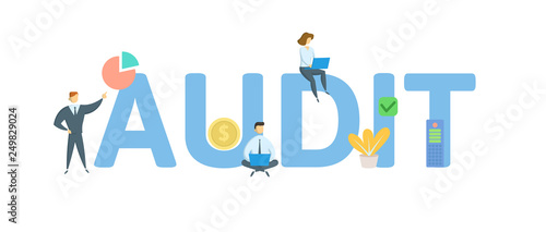 AUDIT. Concept with people, letters and icons. Colored flat vector illustration. Isolated on white background.
