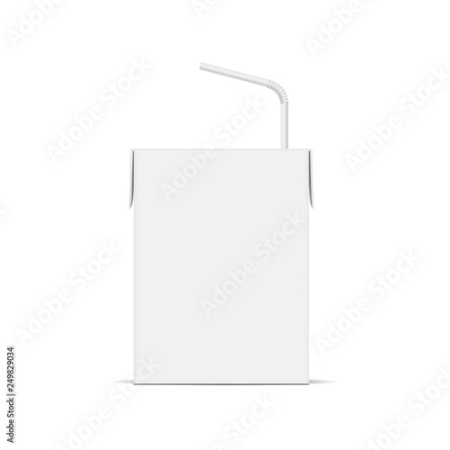 Small cardboard juice package box with straw mock up isolated on white background. Vector illustration
