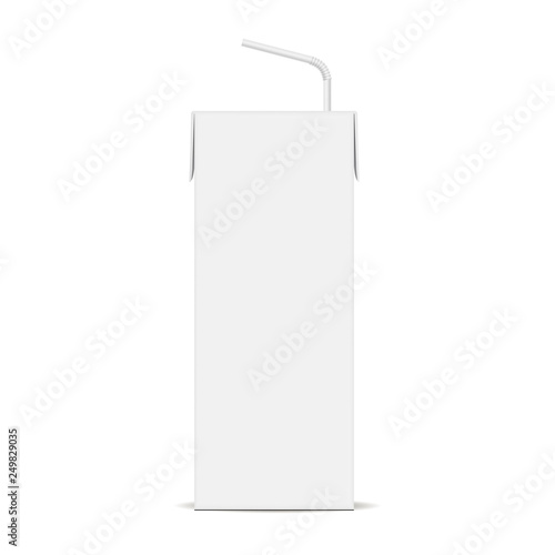 Cardboard juice box with straw mockup isolated on white background. Vector illustration