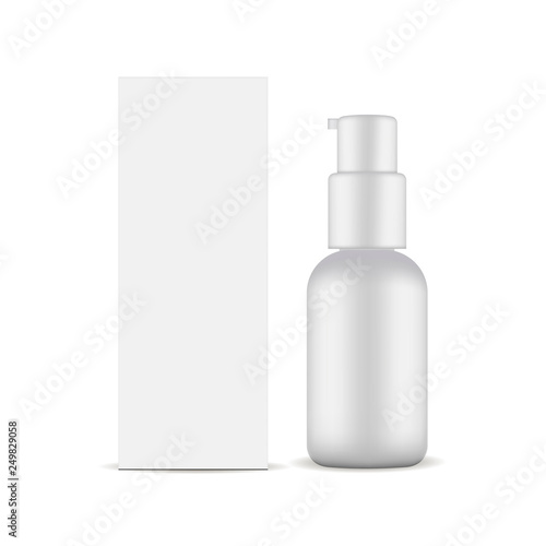 Cardboard box and cosmetic bottle with pump mock up isolated on white background. Vector illustration