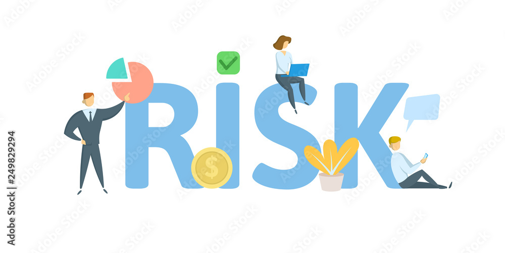 RISK. Concept with people, letters and icons. Colored flat vector illustration. Isolated on white background. RISK. Concept with people, letters and icons. Colored flat vector illustration. Isolated on white background.