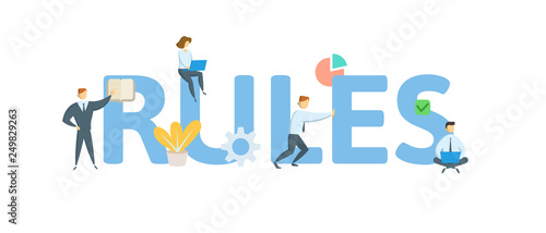 RULES. Concept with people, letters and icons. Colored flat vector illustration. Isolated on white background.