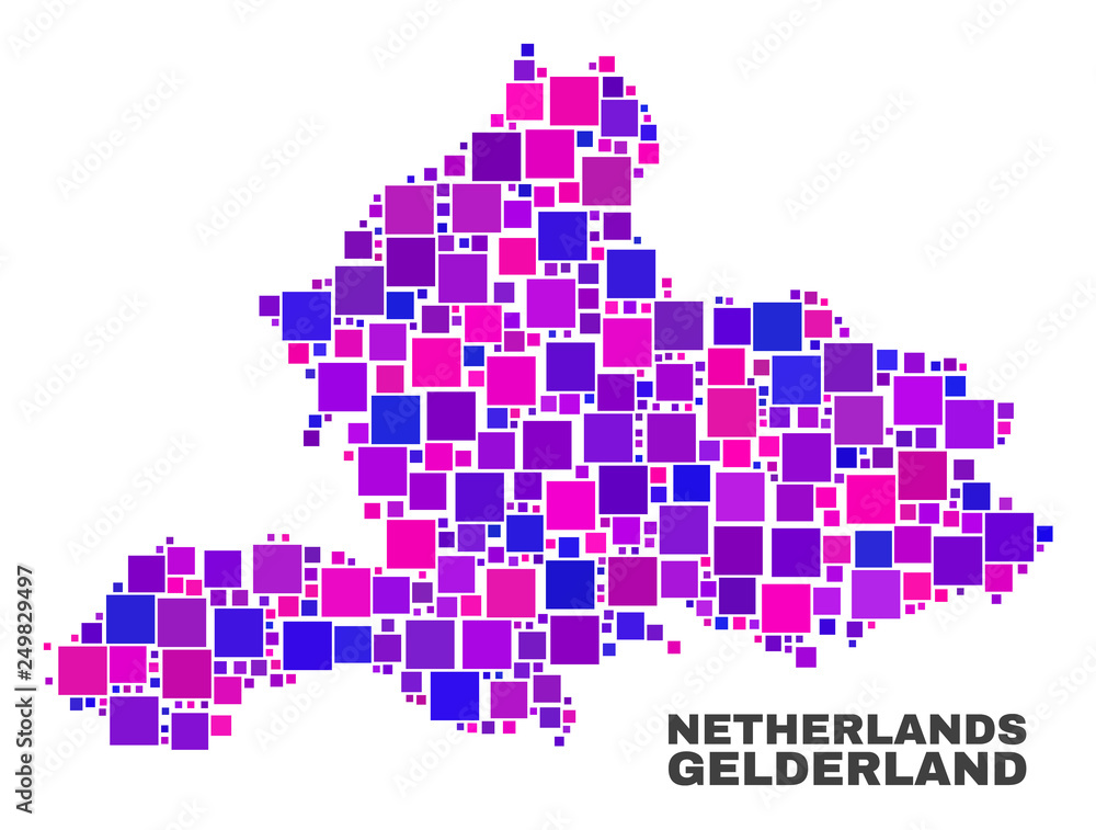 Mosaic Gelderland Province map isolated on a white background. Vector geographic abstraction in pink and violet colors. Mosaic of Gelderland Province map designed from random square elements.