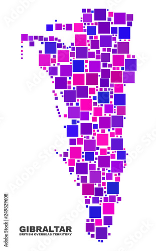 Mosaic Gibraltar map isolated on a white background. Vector geographic abstraction in pink and violet colors. Mosaic of Gibraltar map combined of random square elements.