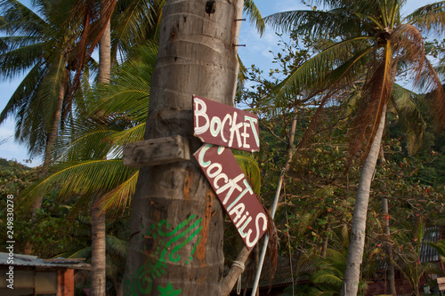 Plank with cocktails sign on a palm tree near the beach of Ko Pha-ngan island, Thailand