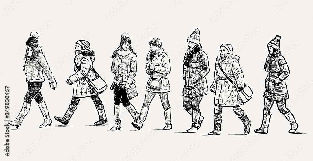 Fototapeta premium Sketch of schoolgirls going on an excursion