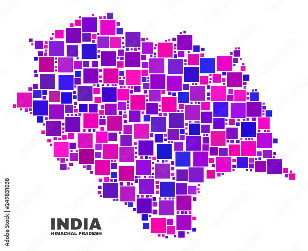 Mosaic Himachal Pradesh State map isolated on a white background. Vector geographic abstraction in pink and violet colors. Mosaic of Himachal Pradesh State map combined of random small squares.