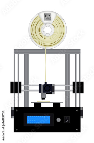 Vector illustration of 3D printing - fused deposition modeling printer with natural white pla filament for 3D printing wounded on the spool. Icon is isolated on a white background.