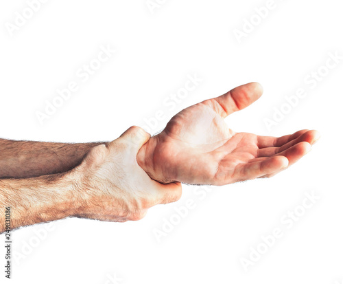 Two hands of a man show an open palm.Hand holding hand