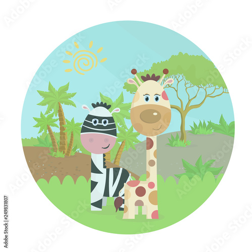 Fototapeta Naklejka Na Ścianę i Meble -  Zebra with giraffe in nature. Cartoon color vector illustration in a circle, landscape with animals palm trees and grass-Vector