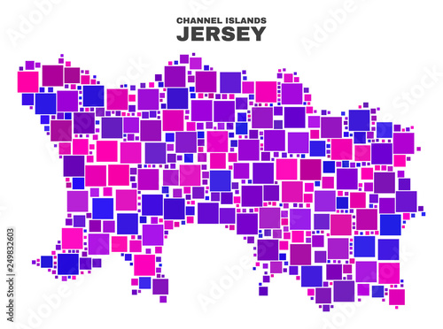 Mosaic Jersey Island map isolated on a white background. Vector geographic abstraction in pink and violet colors. Mosaic of Jersey Island map combined of scattered square elements.