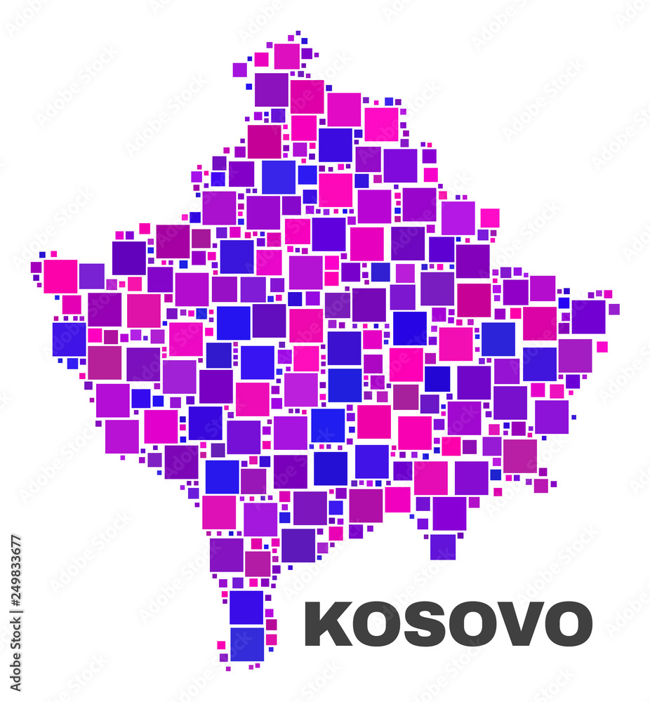 Fototapeta premium Mosaic Kosovo map isolated on a white background. Vector geographic abstraction in pink and violet colors. Mosaic of Kosovo map combined of scattered square items.