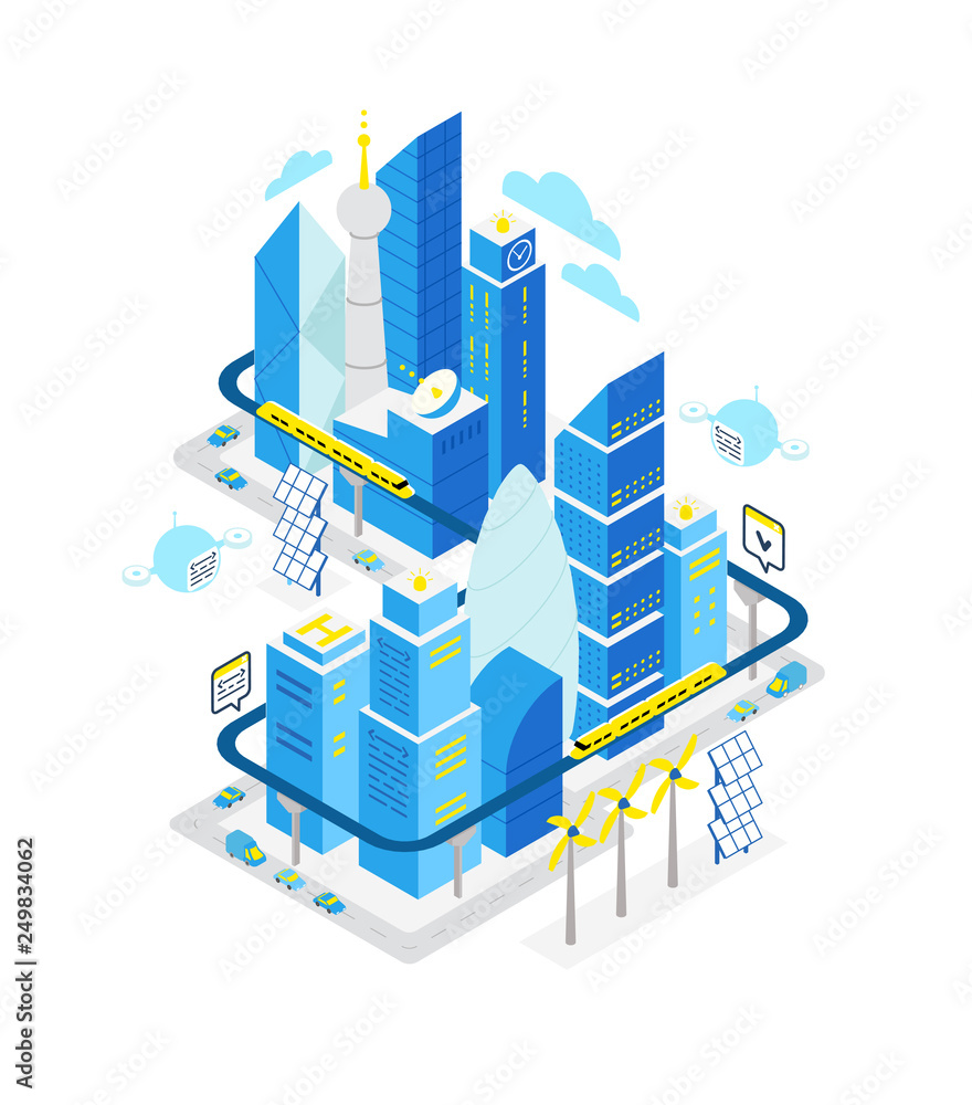 Vecteur Stock Smart city data center isometric building. Hosting server  technology automation with networking. IoT future technology. Traffic and  internet of things vector concept. | Adobe Stock