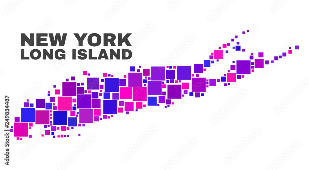 Mosaic Long Island map isolated on a white background. Vector geographic abstraction in pink and violet colors. Mosaic of Long Island map combined of random small squares. Mosaic Long Island map isolated on a white background. Vector geographic abstraction in pink and violet colors. Mosaic of Long Island map combined of random small squares.