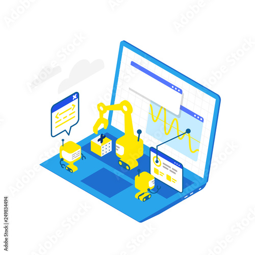 Software development levels. Technological conveyor. Programming and testing robots laptop. Isometric infographic. Blue colors.
